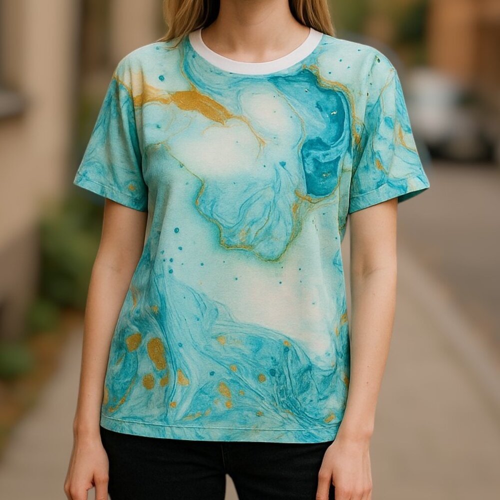 T-Shirt Water Tie Die Loose Fit Graphic Blue White Gold by Pixy Lady Size Large